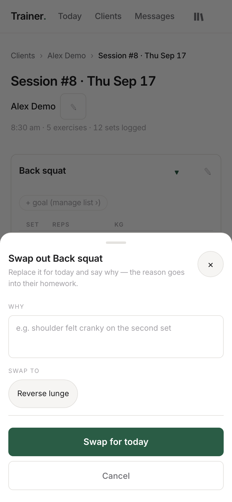 Trainer session view with the swap sheet open — replace an exercise and say why.