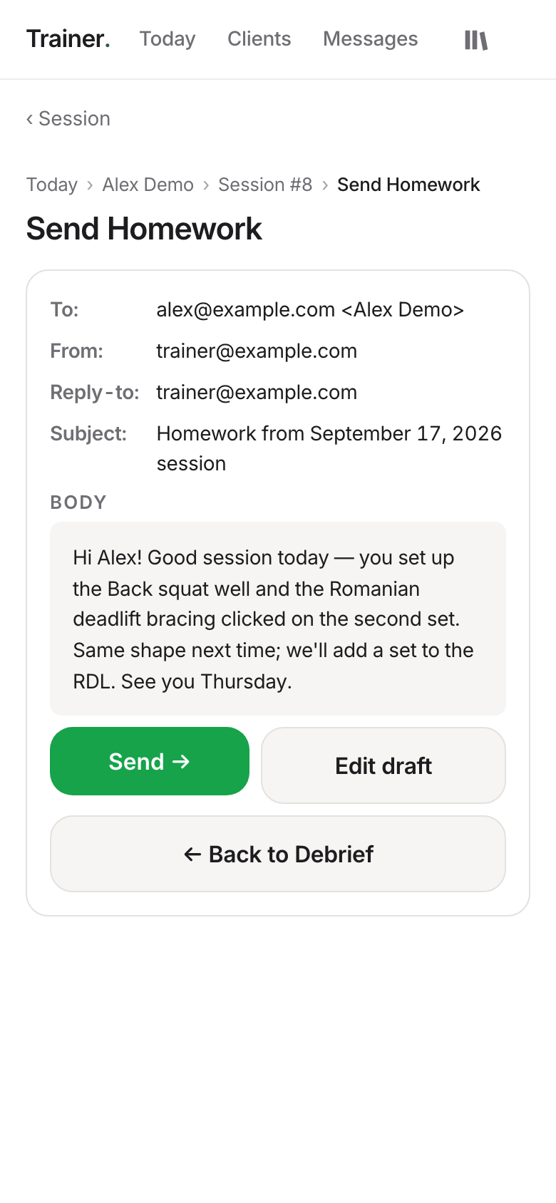 Homework preview — the client-facing message drafted from what happened.