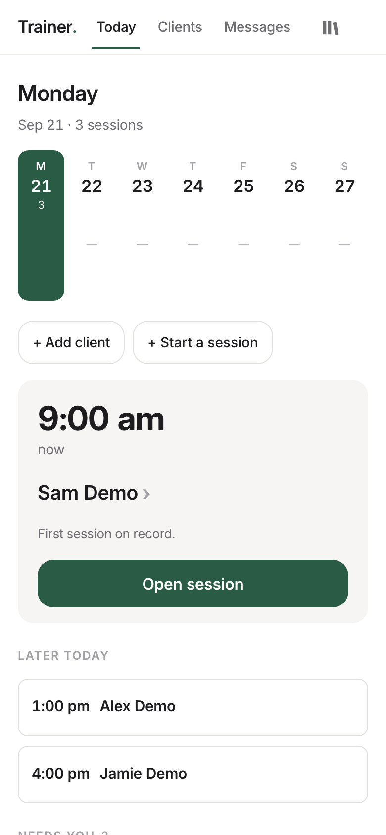 Trainer 'Today' view — the day's sessions on the phone.
