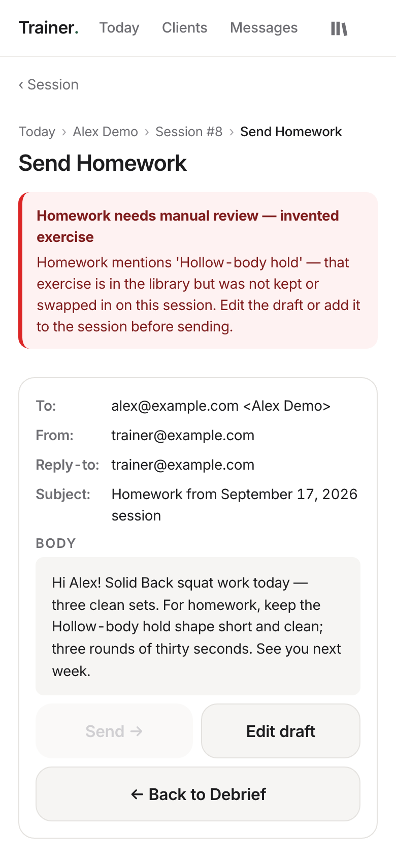 Homework preview with a red banner reading 'Homework needs manual review — invented exercise' and the Send button disabled.